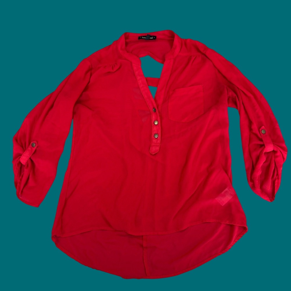 Heartsoul Strappy Cutout Back High Low Blouse M Red Roll Tab Sleeve